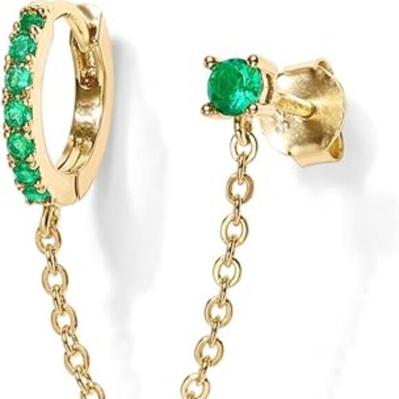 Neiman Marcus 14k Gold Plated Emerald Hoop Double Piercing Earrings - Picture 4 of 4